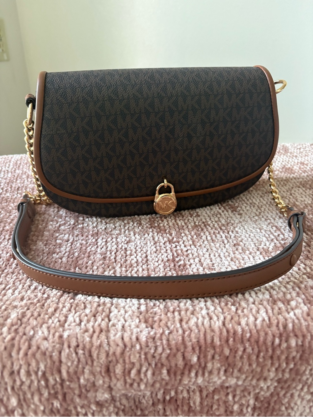Michael Kors Monogram Chain Shoulder Bag Brown Logo Purse Gold Hardware